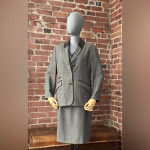 Vintage 3 Piece Wool Suit Set Blazer Vest Skirt Brown Trim Tailored